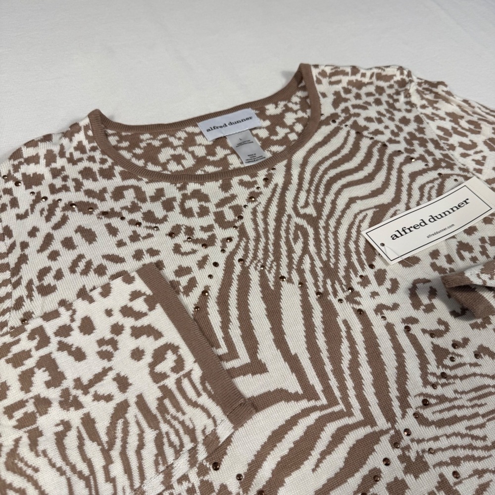 Alfred Dunner Women's‎ Size L Mixed Animal Print Knit Sweater with Rhinestones